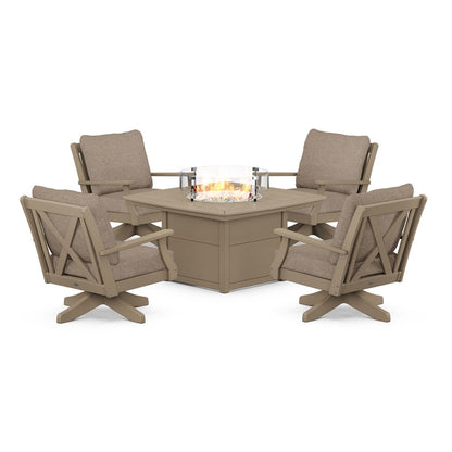Braxton 5-Piece Deep Seating Swivel Conversation Set with Fire Pit Table in Vintage Finish