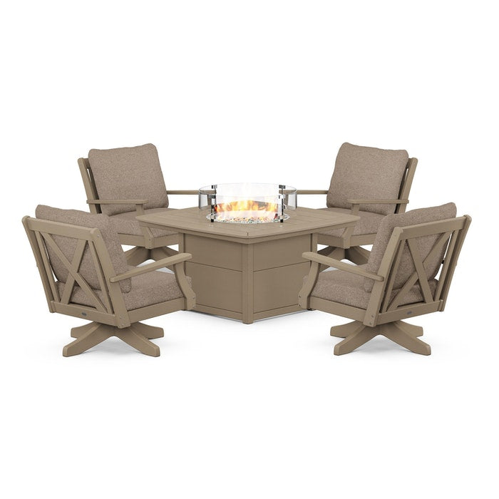 Braxton 5-Piece Deep Seating Swivel Conversation Set with Fire Pit Table in Vintage Finish