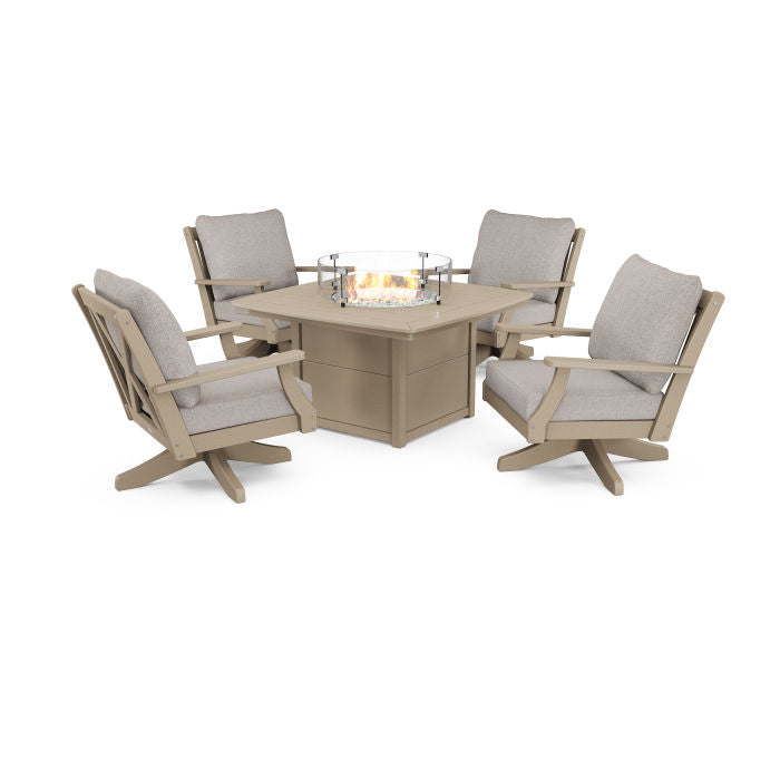 Braxton 5-Piece Deep Seating Swivel Conversation Set with Fire Pit Table in Vintage Finish
