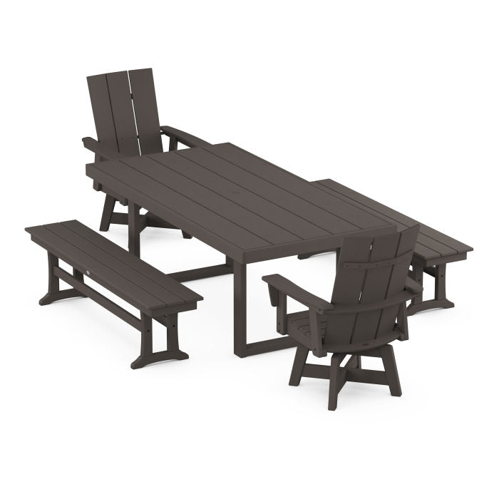 Modern Adirondack Swivel Chair 5-Piece Dining Set with Benches in Vintage Finish