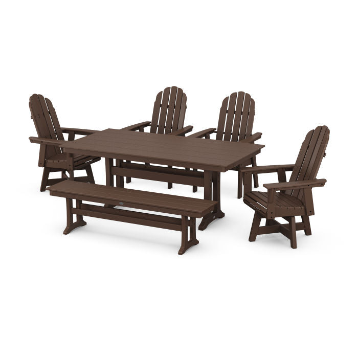 Vineyard Curveback Adirondack 6-Piece Swivel Chair Farmhouse Dining Set with Trestle Legs and Bench