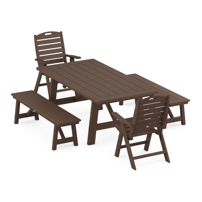 Nautical Folding Highback Chair 5-Piece Rustic Farmhouse Dining Set With Benches
