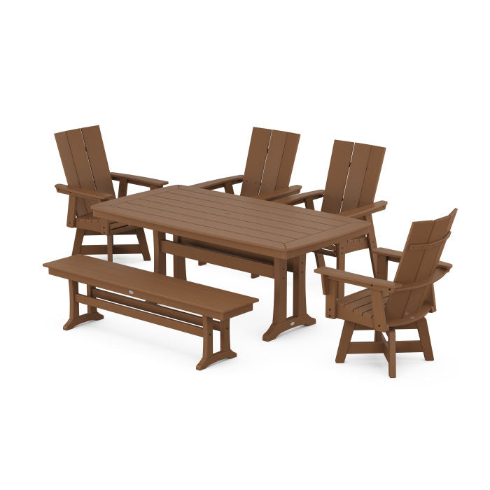 Modern Curveback Adirondack Swivel Chair 6-Piece Dining Set with Trestle Legs and Bench