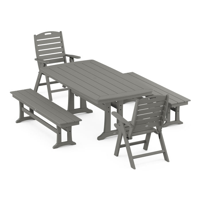 Nautical Folding Highback Chair 5-Piece Dining Set with Trestle Legs and Benches