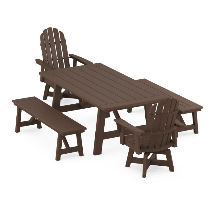 VineyardCurveback Adirondack Swivel Chair 5-Piece Rustic Farmhouse Dining Set With Benches