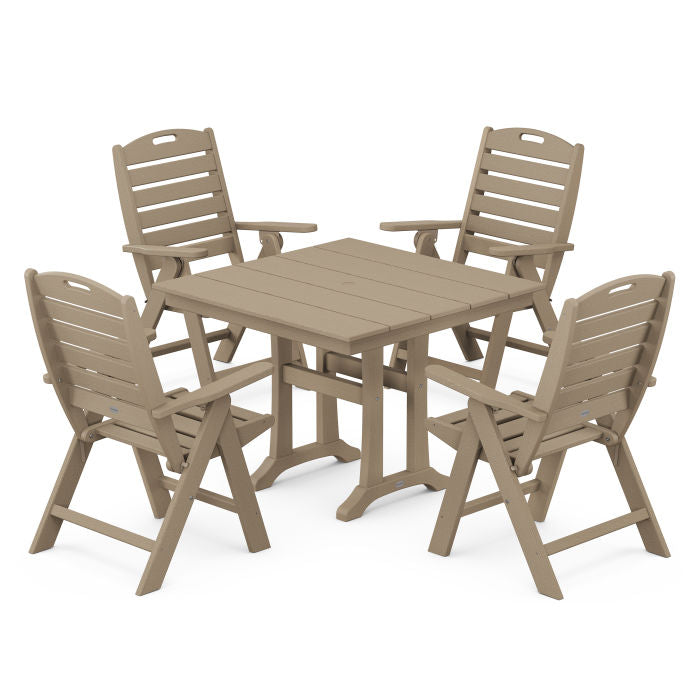 Nautical Folding Highback Chair 5-Piece Farmhouse Trestle Dining Set in Vintage Finish