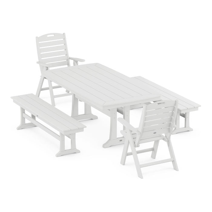 Nautical Folding Highback Chair 5-Piece Dining Set with Trestle Legs and Benches