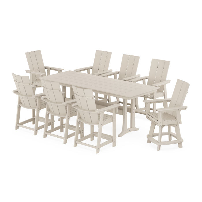 Modern Curveback Adirondack Swivel 9-Piece Farmhouse Counter Set with Trestle Legs