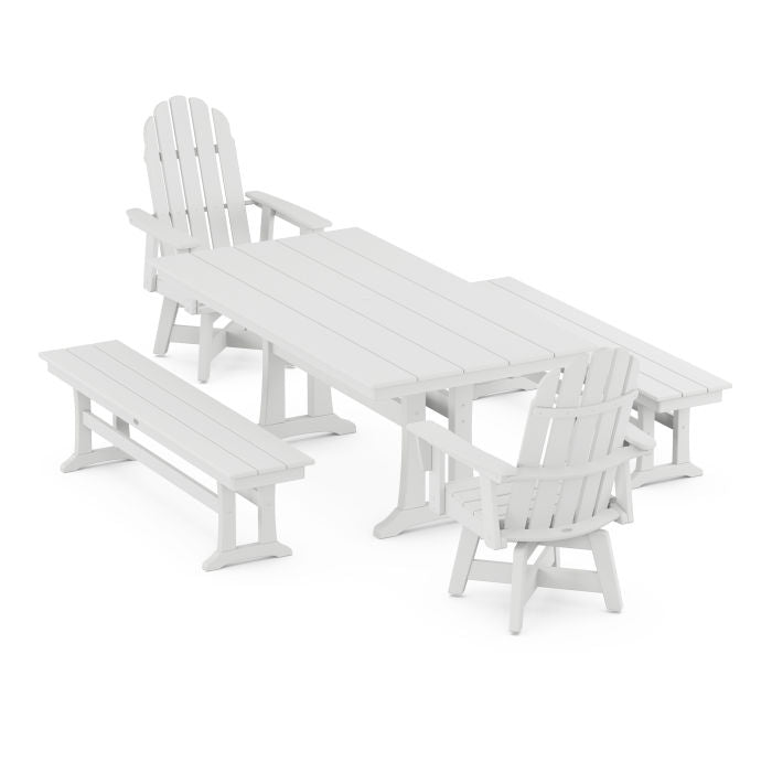 Vineyard Curveback Adirondack Swivel Chair 5-Piece Farmhouse Dining Set With Trestle Legs and Benches
