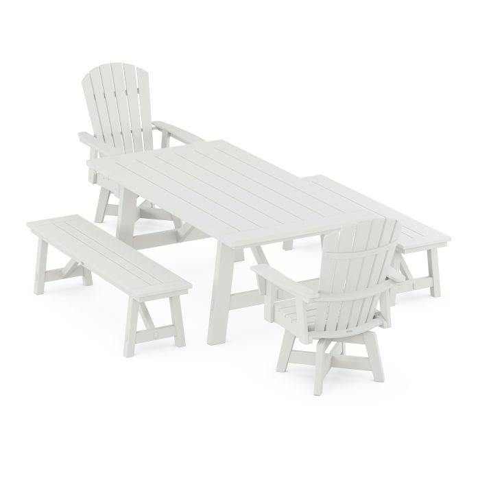 Nautical Curveback Adirondack Swivel Chair 5-Piece Rustic Farmhouse Dining Set With Benches in Vintage Finish
