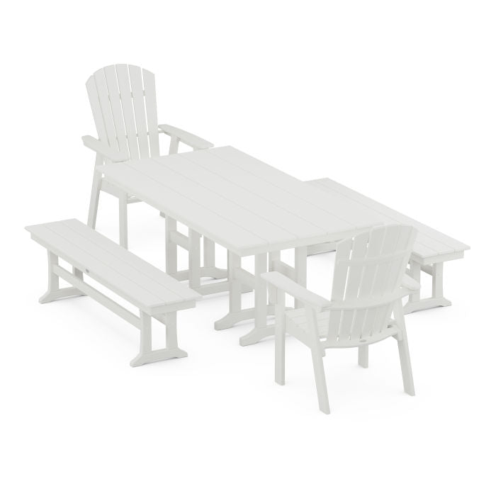 Nautical Curveback Adirondack 5-Piece Farmhouse Dining Set with Benches in Vintage Finish