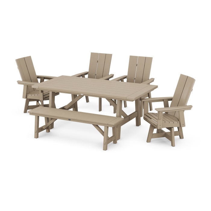 Modern Curveback Adirondack Swivel Chair 6-Piece Rustic Farmhouse Dining Set with Bench in Vintage Finish