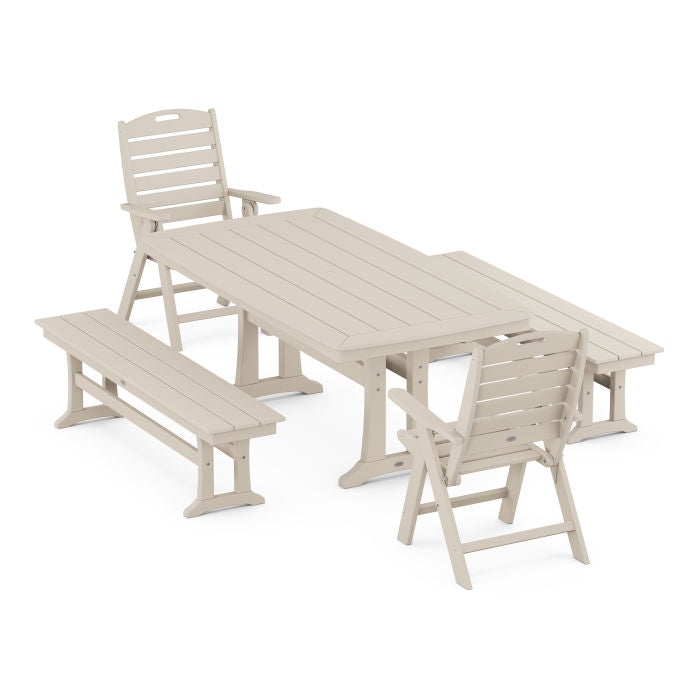 Nautical Folding Highback Chair 5-Piece Dining Set with Trestle Legs and Benches