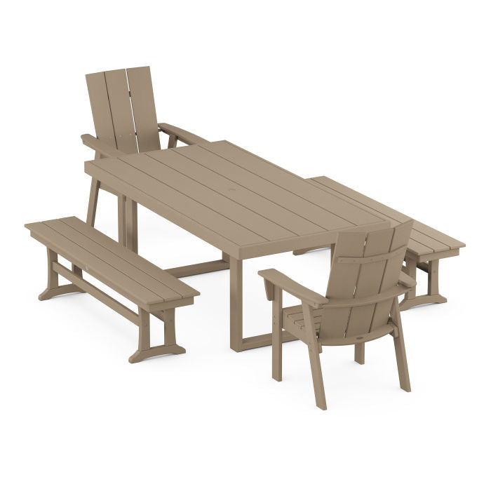 Modern Curveback Adirondack 5-Piece Dining Set with Benches in Vintage Finish