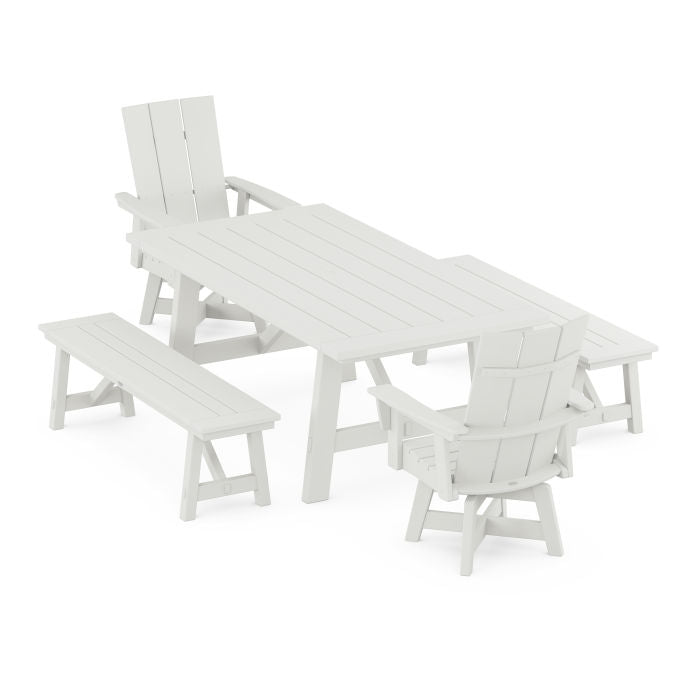 Modern Curveback Adirondack Swivel Chair 5-Piece Rustic Farmhouse Dining Set With Benches in Vintage Finish