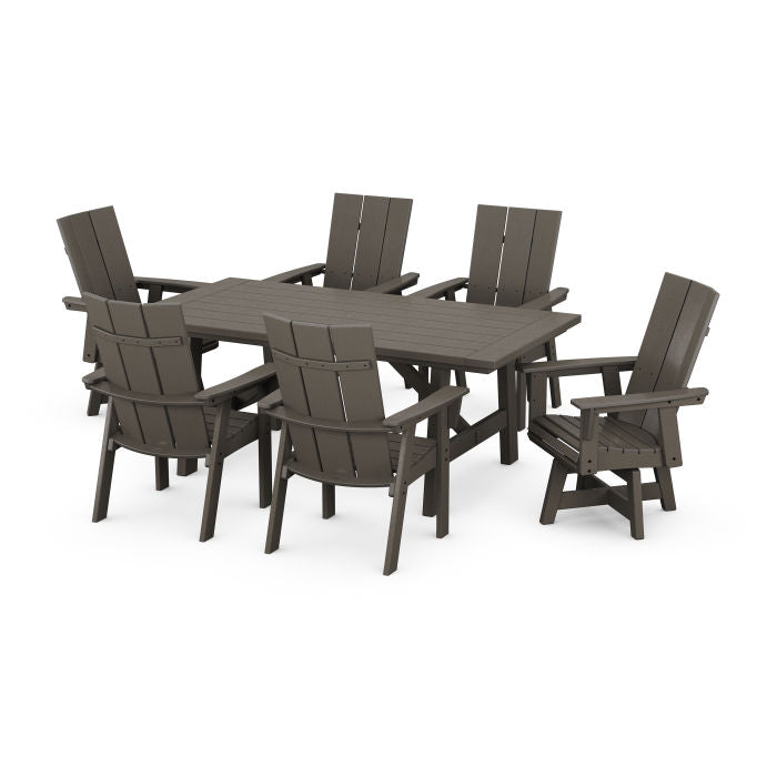 Modern Curveback Adirondack 7-Piece Rustic Farmhouse Swivel Dining Set in Vintage Finish