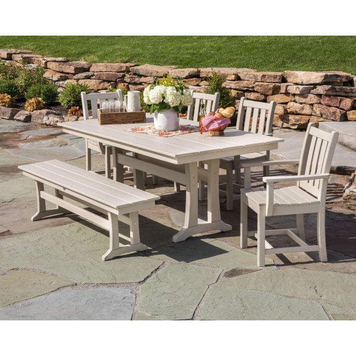 Traditional Garden Arm Chair 6-Piece Farmhouse Dining Set with Trestle Legs and Bench