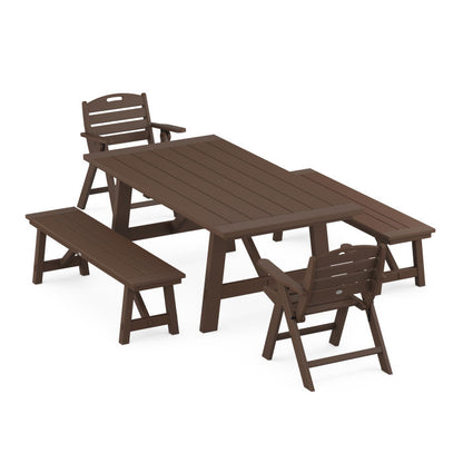 Nautical Folding Lowback Chair 5-Piece Rustic Farmhouse Dining Set With Benches