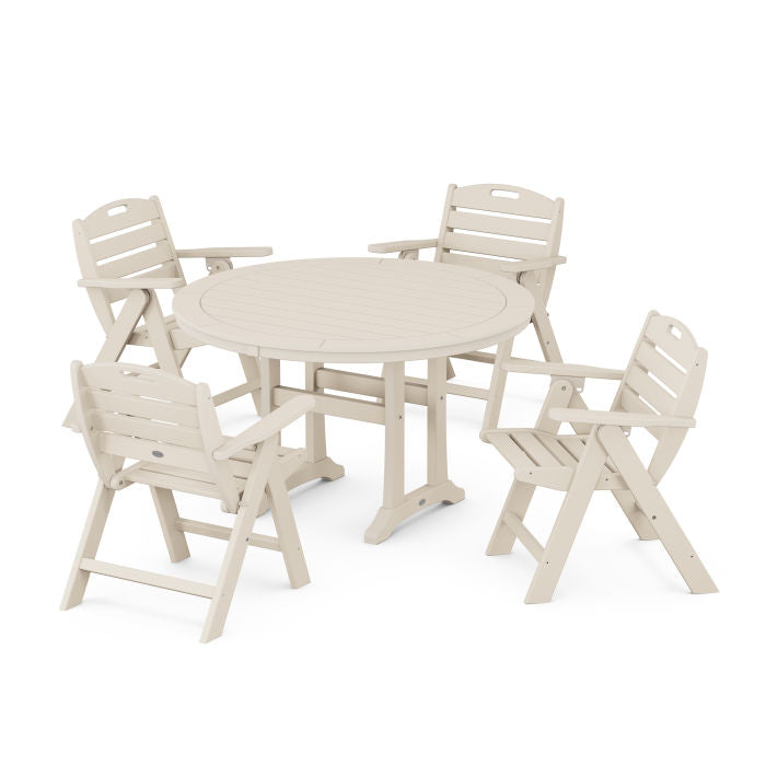 Nautical Folding Lowback Chair 5-Piece Round Dining Set With Trestle Legs