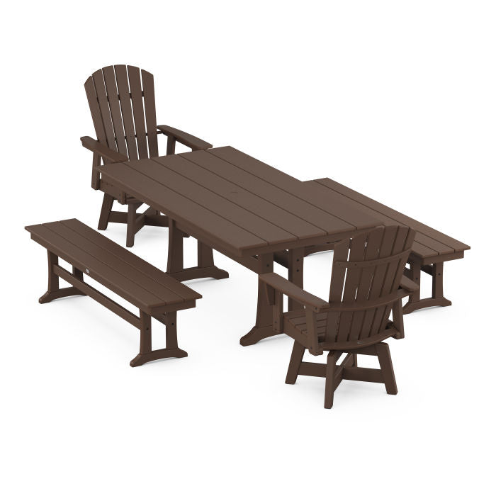 Nautical Curveback Adirondack Swivel Chair 5-Piece Farmhouse Dining Set With Trestle Legs and Benches