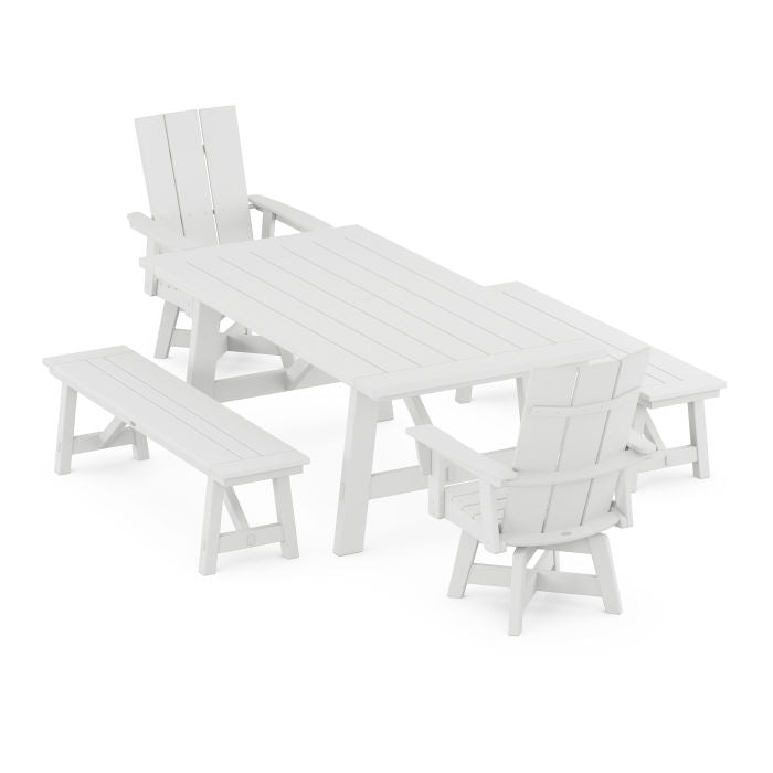 Modern Curveback Adirondack Swivel Chair 5-Piece Rustic Farmhouse Dining Set With Benches