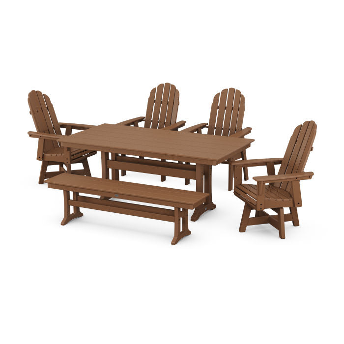 Vineyard Curveback Adirondack 6-Piece Swivel Chair Farmhouse Dining Set with Trestle Legs and Bench