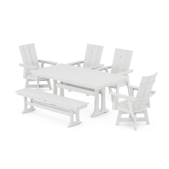 Modern Curveback Adirondack Swivel Chair 6-Piece Farmhouse Dining Set With Trestle Legs and Bench