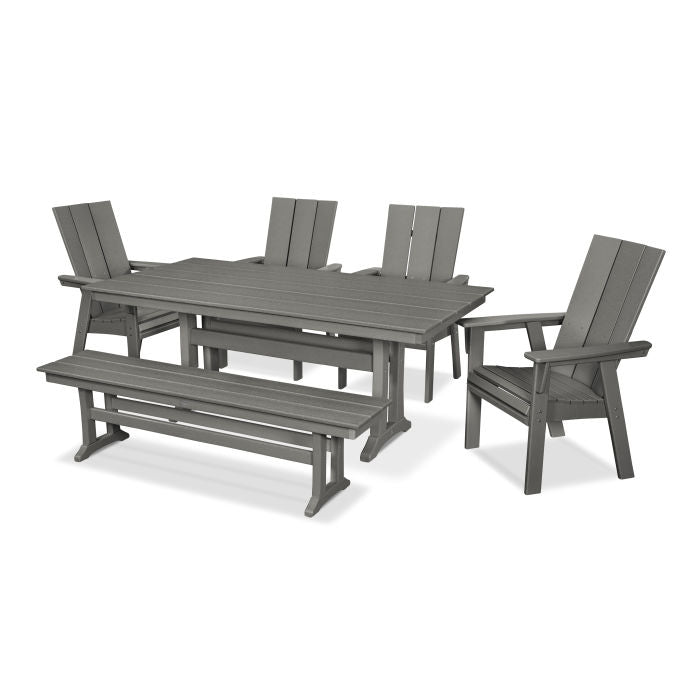 Modern Curveback Adirondack 6-Piece Farmhouse Dining Set with Trestle Legs and Bench