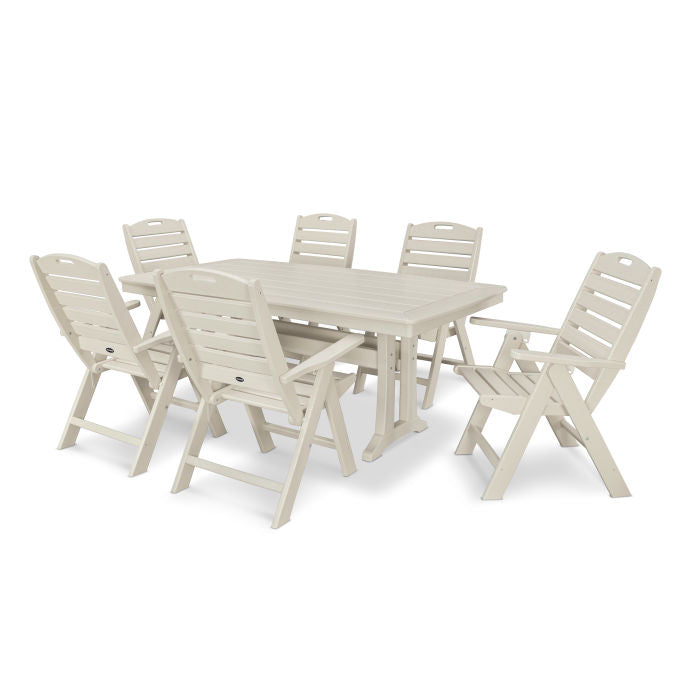 7-Piece Nautical Highback Chair Dining Set with Trestle Legs