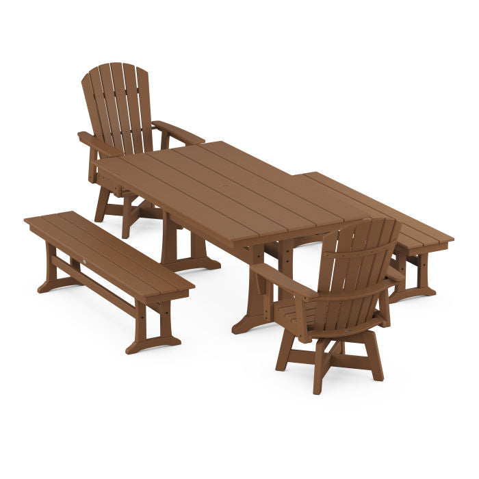 Nautical Curveback Adirondack Swivel Chair 5-Piece Farmhouse Dining Set With Trestle Legs and Benches