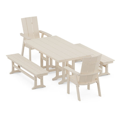 Modern Curveback Adirondack 5-Piece Farmhouse Dining Set with Benches