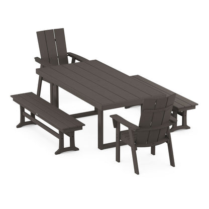 Modern Curveback Adirondack 5-Piece Dining Set with Benches in Vintage Finish