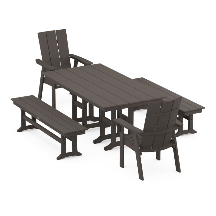 Modern Curveback Adirondack 5-Piece Farmhouse Dining Set with Benches in Vintage Finish