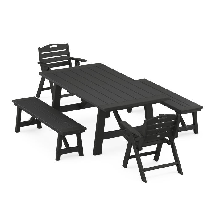 Nautical Folding Lowback Chair 5-Piece Rustic Farmhouse Dining Set With Benches