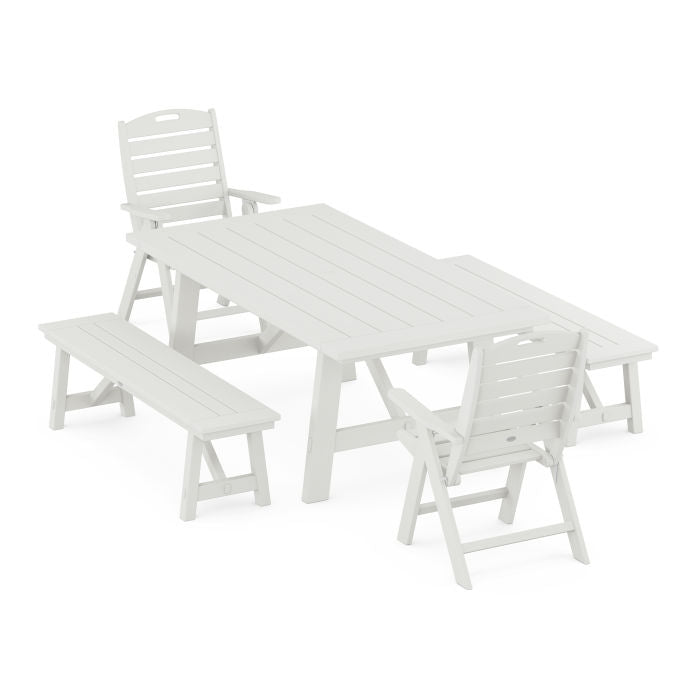 Nautical Folding Highback Chair 5-Piece Rustic Farmhouse Dining Set With Benches in Vintage Finish