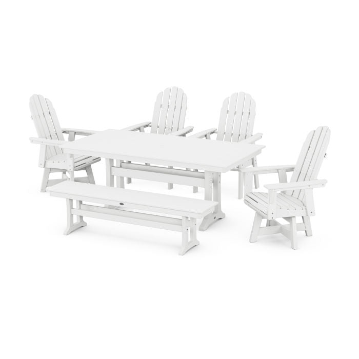 Vineyard Curveback Adirondack 6-Piece Swivel Chair Farmhouse Dining Set with Trestle Legs and Bench