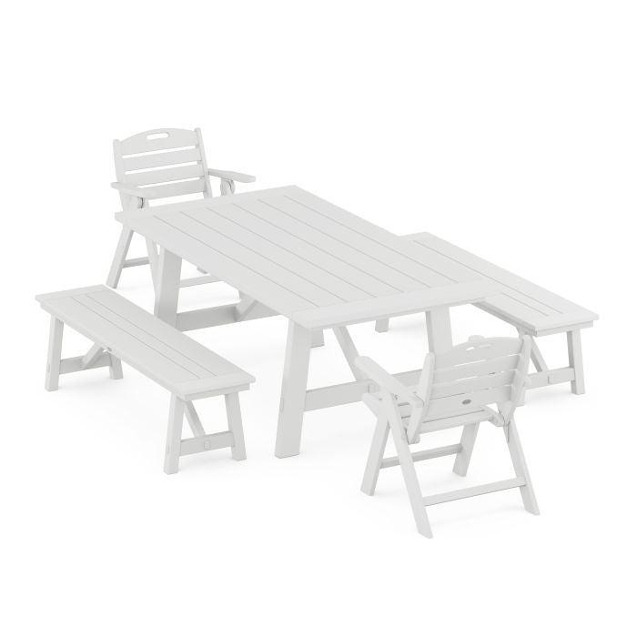 Nautical Folding Lowback Chair 5-Piece Rustic Farmhouse Dining Set With Benches