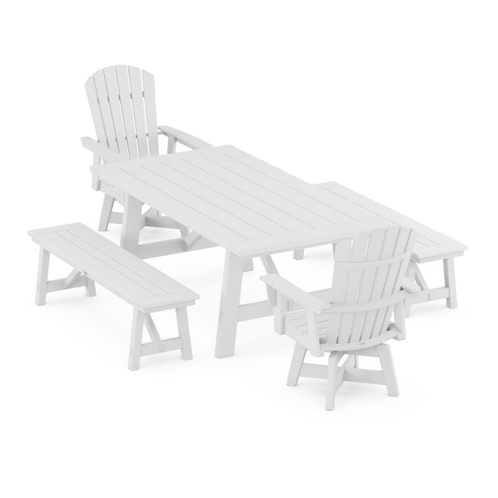 Nautical Curveback Adirondack Swivel Chair 5-Piece Rustic Farmhouse Dining Set With Benches