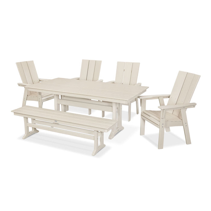 Modern Curveback Adirondack 6-Piece Farmhouse Dining Set with Trestle Legs and Bench