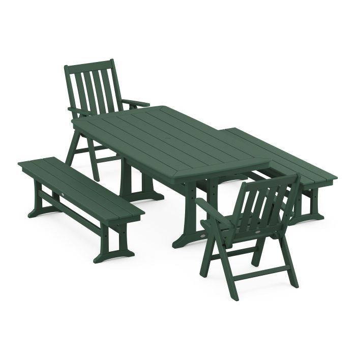 Vineyard Folding Chair 5-Piece Dining Set with Trestle Legs and Benches