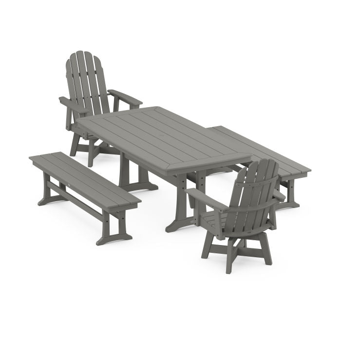 Vineyard Adirondack Swivel Chair 5-Piece Dining Set with Trestle Legs and Benches