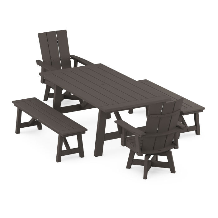 Modern Curveback Adirondack Swivel Chair 5-Piece Rustic Farmhouse Dining Set With Benches in Vintage Finish