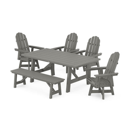 Vineyard Curveback Adirondack Swivel Chair 6-Piece Rustic Farmhouse Dining Set With Bench