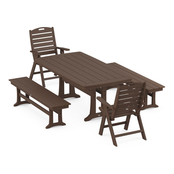 Nautical Folding Highback Chair 5-Piece Dining Set with Trestle Legs and Benches