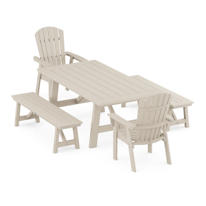 Nautical Curveback Adirondack 5-Piece Rustic Farmhouse Dining Set With Benches