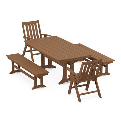 Vineyard Folding Chair 5-Piece Dining Set with Trestle Legs and Benches