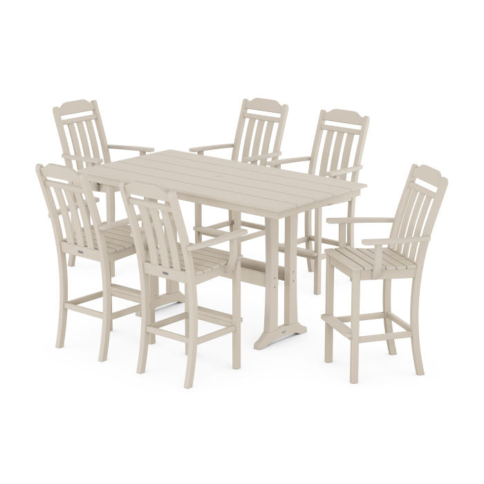 Country Living Arm Chair 7-Piece Farmhouse Bar Set with Trestle Legs