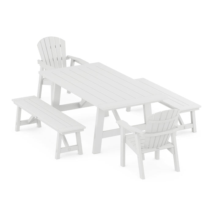 Seashell 5-Piece Rustic Farmhouse Dining Set With Benches