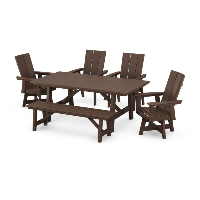 Modern Curveback Adirondack Swivel Chair 6-Piece Rustic Farmhouse Dining Set with Bench