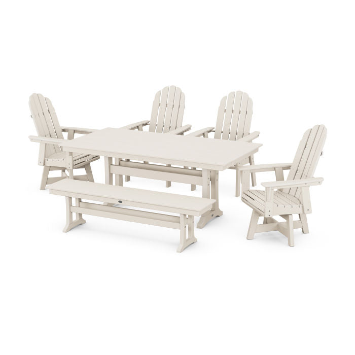 Vineyard Curveback Adirondack 6-Piece Swivel Chair Farmhouse Dining Set with Trestle Legs and Bench